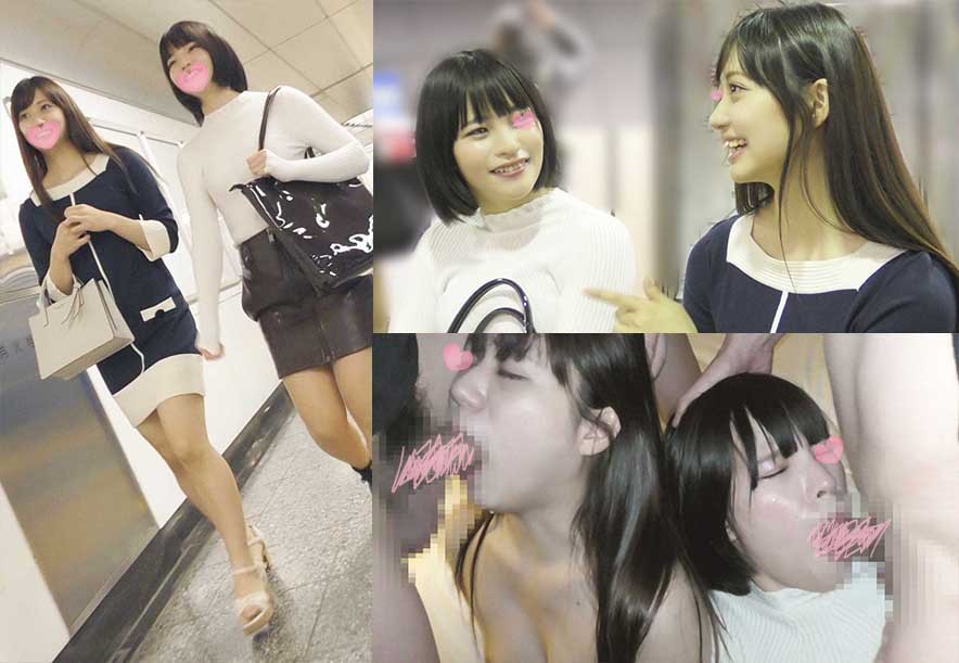 [Double Chikan] Female announcer beauty & NON super-like beautiful leg OL duo *Take-in fellatio to mouth launch & raw insertion *Finger man squirting immediately after vaginal cum shot